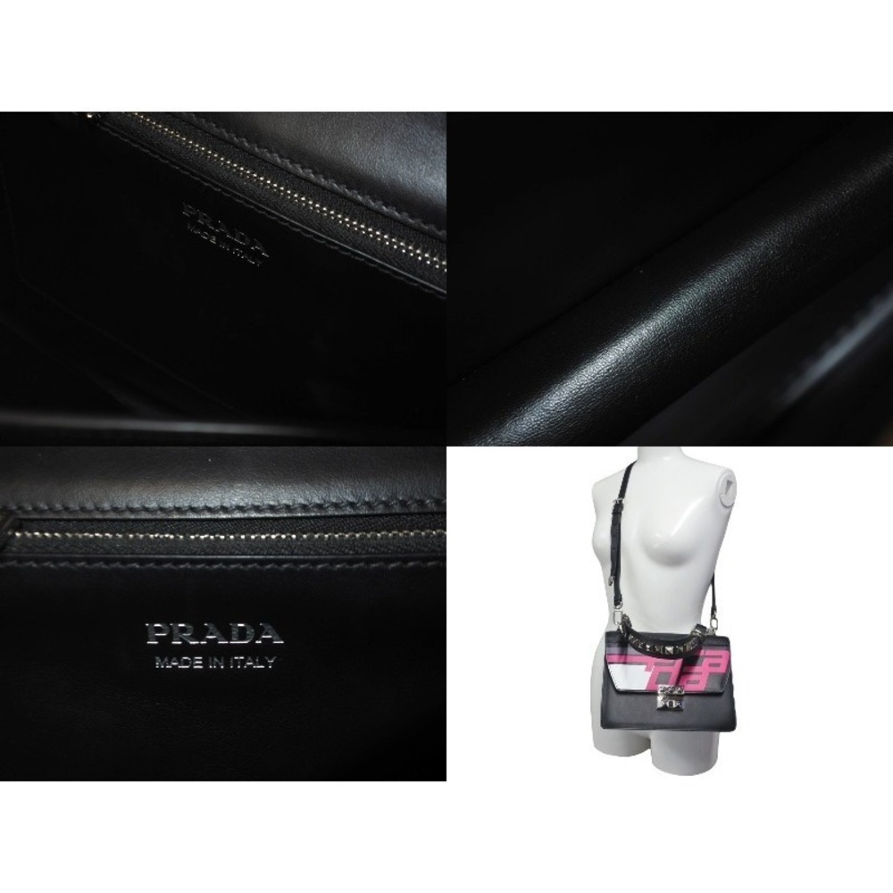 Very Prada shoulder bag Saffiano leather studs black pink racing logo - Picture 9 of 9